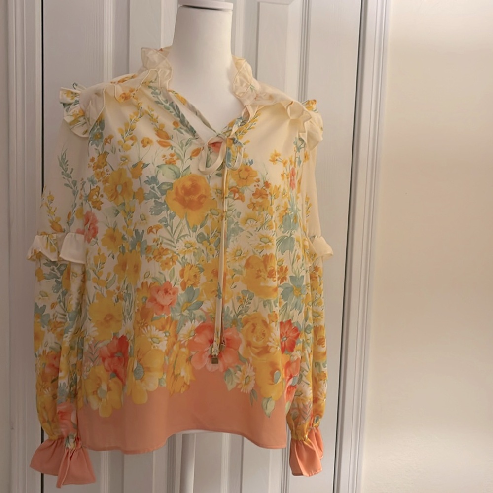 Zimmermann like orange and yellow ruffle sleeve blouse small NWT